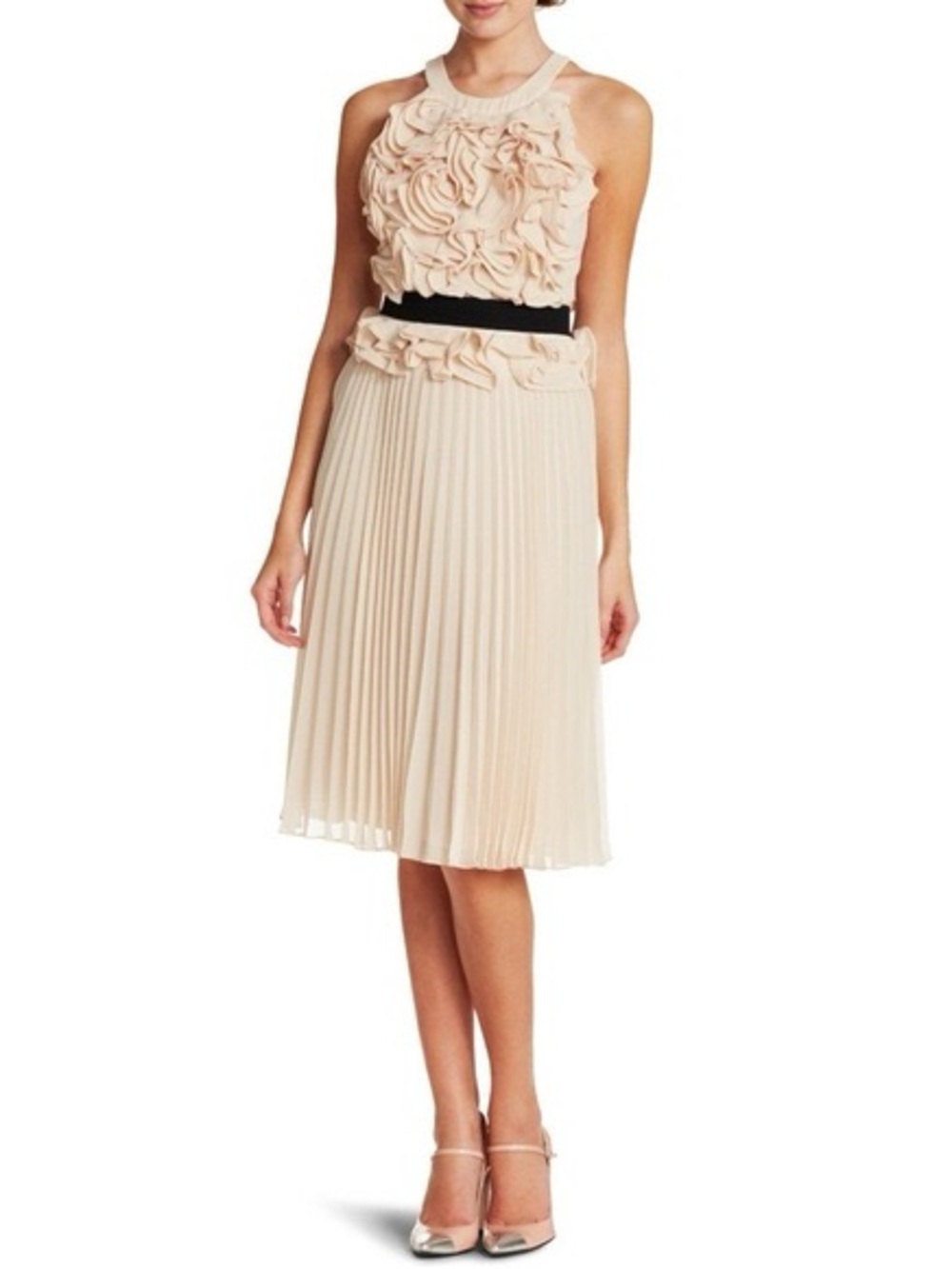 BCBGMaxAzria Beige Pleated Midi Skirt with Black Waistband Size 4